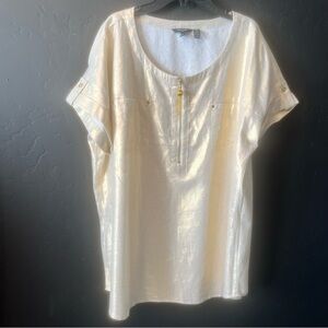 Ellen Tracy Linen Blend Women Chalk Gold Foil Boxy Blouse Preppy Size: XL